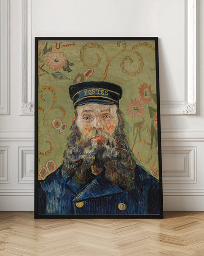 A post-impressionist portrait painting by Vincent van Gogh of the postman Joseph Roulin. He has a full beard, blue eyes, and wears a blue uniform and cap against a patterned green and yellow floral background. The artist's signature 'Vincent' is in the top left corner. Wall Art