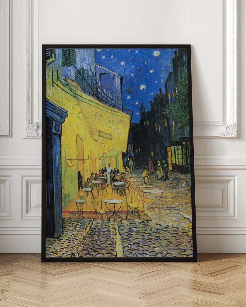 Vincent van Gogh's famous post-impressionist painting, 'Café Terrace at Night,' depicting a brightly illuminated yellow café with outdoor seating on a cobblestone street under a starry deep blue sky. Print