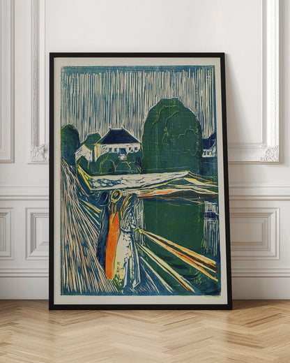 A vintage woodcut print by Edvard Munch titled 'The Girls on the Bridge,' depicting three women standing on a pier in an expressionist style. The artwork uses a palette of deep blues, greens, and cream, with a bold orange dress on one figure, set against a backdrop of houses and a sky with dramatic vertical lines. Wall Art