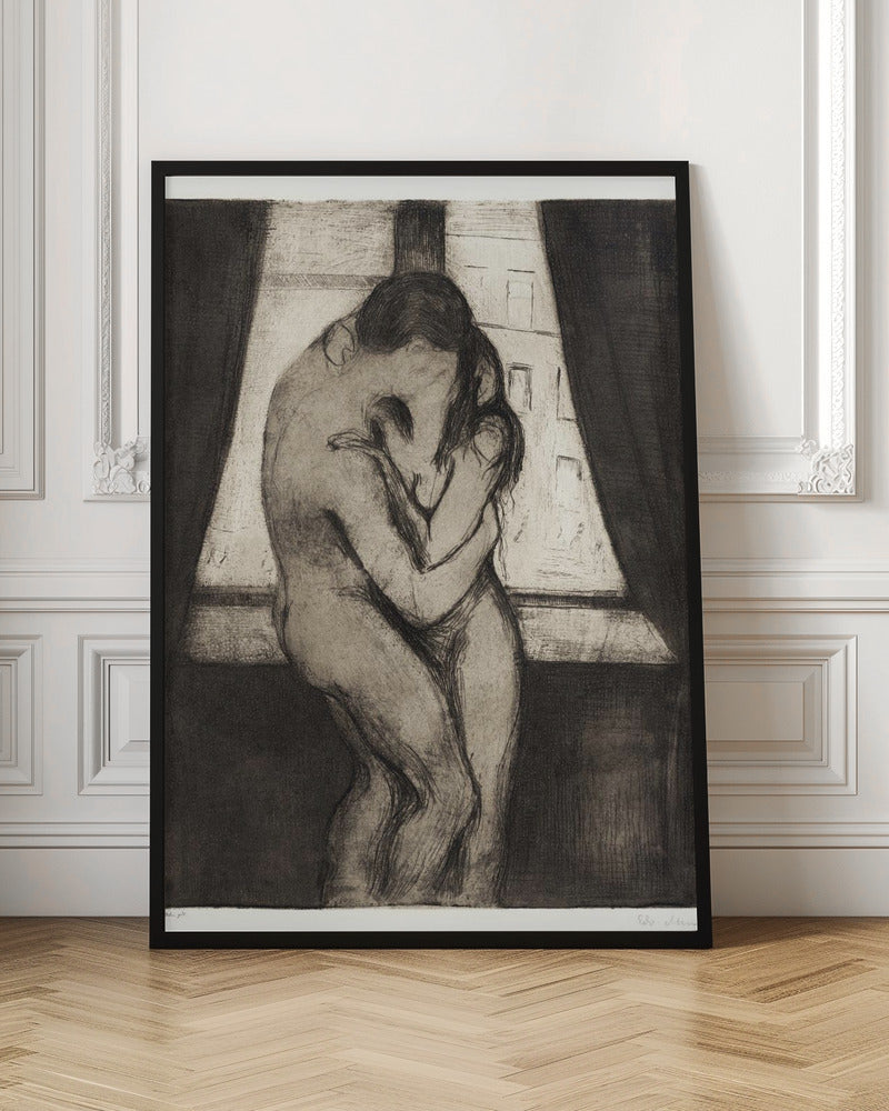 A black and white etching by Edvard Munch titled 'The Kiss,' depicting two nude figures in a passionate embrace, their faces melding into one. They stand before a window with a view of a city, framed by dark curtains, in a highly emotional, expressionistic style. Poster