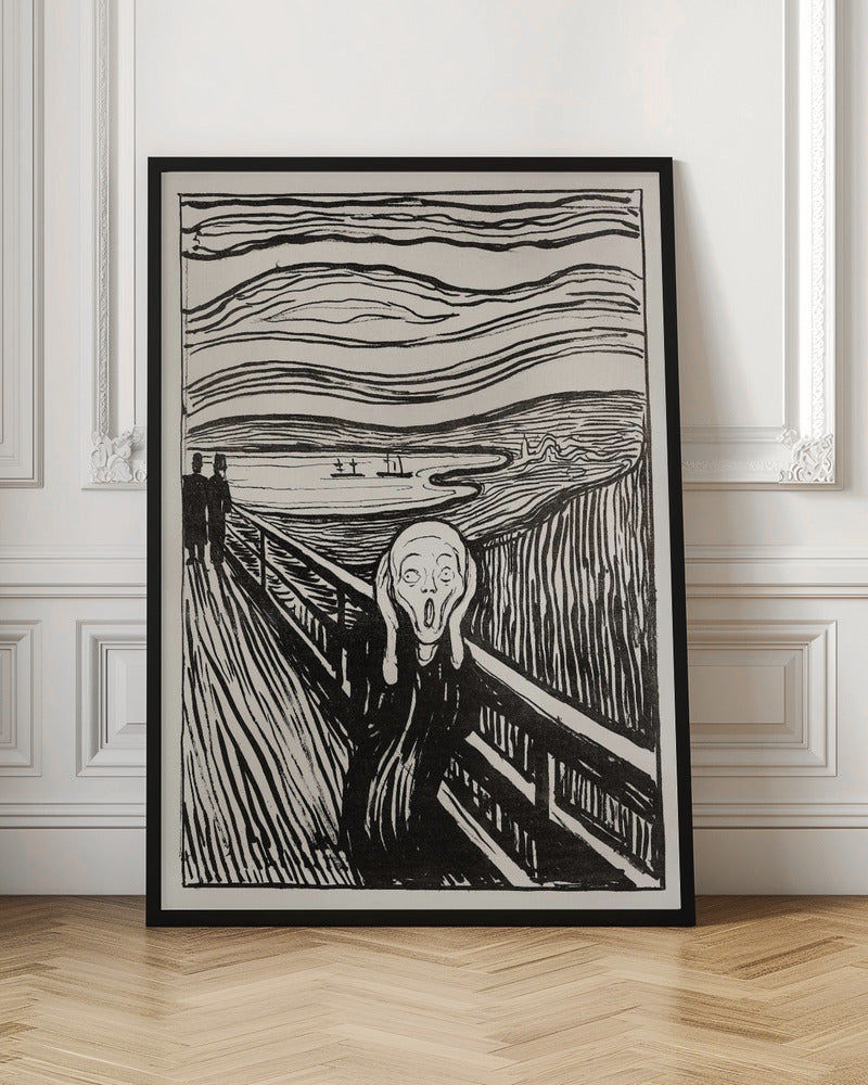 A black and white print of Edvard Munch's famous painting 'The Scream,' featuring a tormented figure on a bridge holding its head with a look of horror. The background consists of swirling lines representing the sky and a fjord, all rendered in a stark, expressionist style and enclosed in a simple black frame. Wall Art