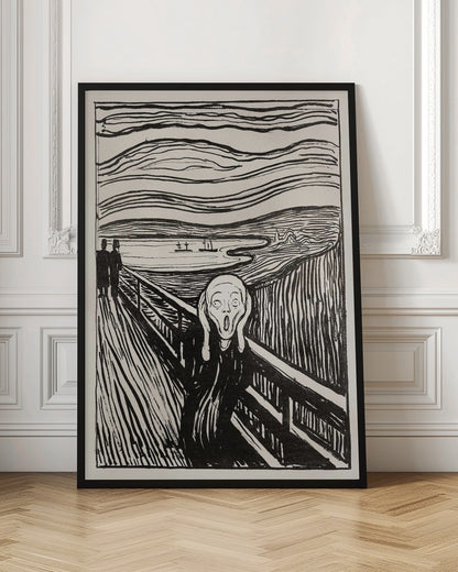 A black and white print of Edvard Munch's famous painting 'The Scream,' featuring a tormented figure on a bridge holding its head with a look of horror. The background consists of swirling lines representing the sky and a fjord, all rendered in a stark, expressionist style and enclosed in a simple black frame. Wall Art