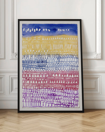 An abstract watercolor painting in a black frame, featuring horizontal bands of color and intricate patterns created using a resist technique. From top to bottom, the bands are deep blue, golden yellow, periwinkle blue, magenta, and purple, each filled with unique geometric shapes like triangles, dashes, and gridwork. Poster