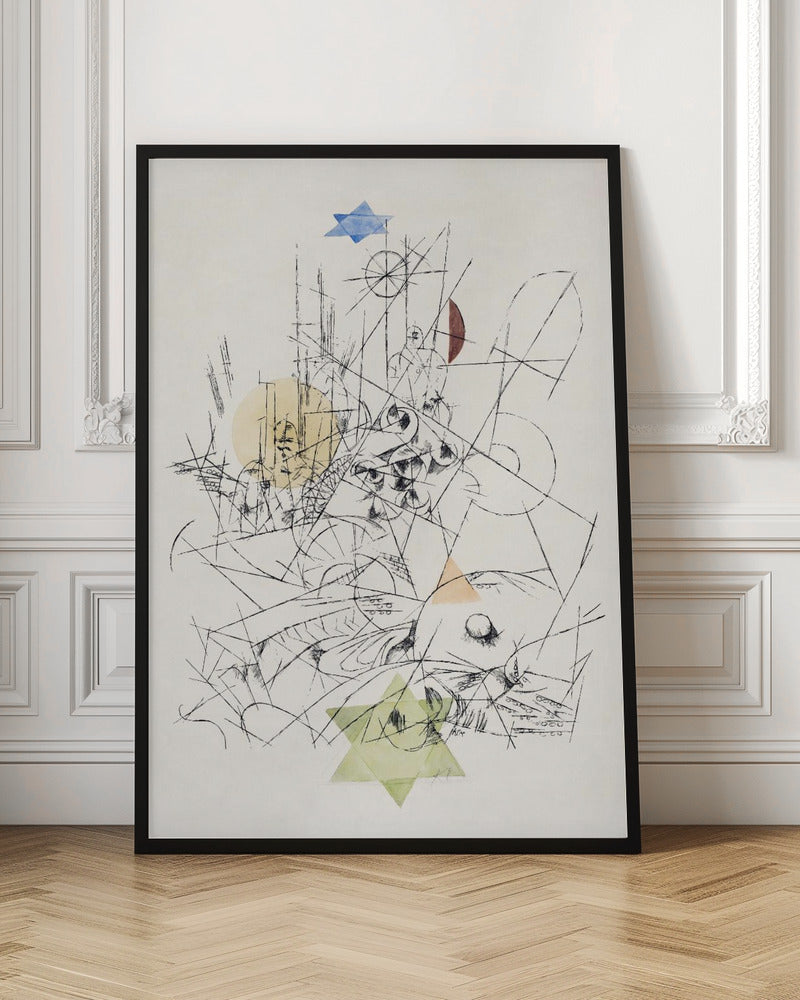 An abstract modernist artwork in a black frame, featuring a chaotic composition of black ink lines on a cream background. The drawing is overlaid with several transparent watercolor shapes: a blue Star of David at the top, a light green one at the bottom, a yellow circle, and other colored geometric forms. Print