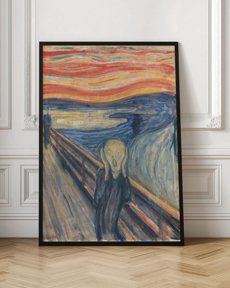 A framed print of Edvard Munch's famous painting 'The Scream,' depicting an anguished figure holding its head and screaming under a swirling, fiery red and orange sky. The figure stands on a bridge overlooking a dark blue fjord, with two distant figures in the background. Decor