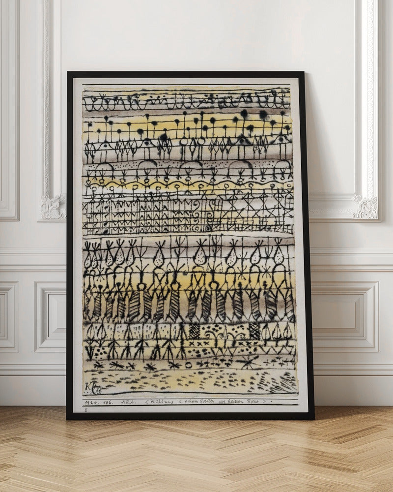 Abstract artwork by Paul Klee featuring a series of horizontal bands filled with intricate, black, hieroglyphic-like drawings and symbols. The background is a light paper with washes of yellow and grey watercolor. The piece is framed in black and has text at the bottom including the artist's signature. Poster