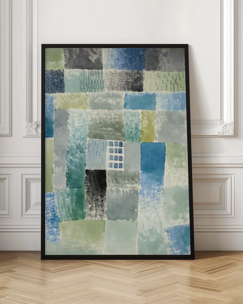 An abstract watercolor painting composed of a grid of rectangular patches in various shades of blue, green, and grey. The patches have a textured, layered appearance, and near the center is a small, distinct grid of blue squares resembling a window. The artist's signature is visible in the bottom right corner. Print