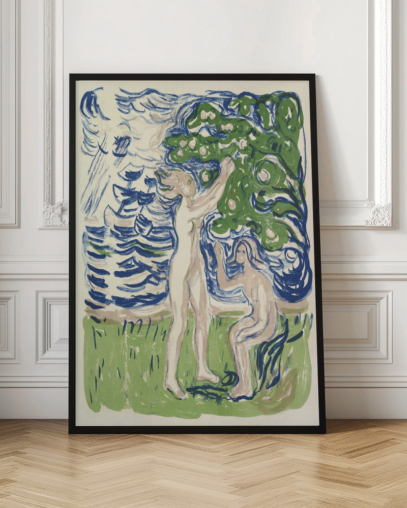 An expressionist woodcut print depicting two nude figures in a stylized natural setting. One figure stands, reaching up into a large green tree with fruit, while the other kneels on the ground. The background consists of a body of water with bold, blue, wavy lines. The artwork uses a limited color palette of blue, green, and pale flesh tones on a cream background. Wall Art