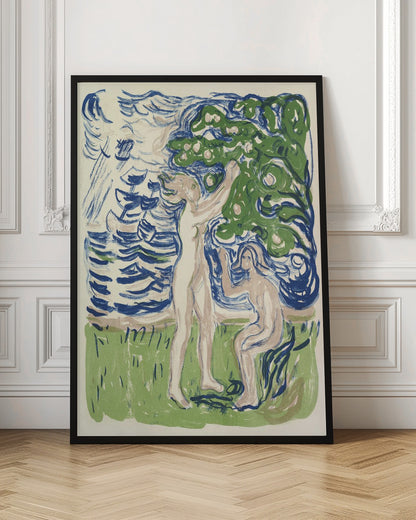 An expressionist woodcut print depicting two nude figures in a stylized natural setting. One figure stands, reaching up into a large green tree with fruit, while the other kneels on the ground. The background consists of a body of water with bold, blue, wavy lines. The artwork uses a limited color palette of blue, green, and pale flesh tones on a cream background. Wall Art