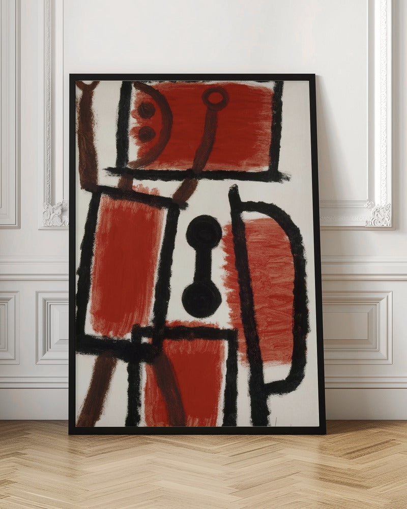 An abstract painting featuring bold, rough black lines that divide a white canvas into sections. Several large sections are filled with a vibrant, textured red paint. In the center is a distinct black dumbbell-like shape. Thinner brown lines cross through the composition, adding another layer to the dynamic, constructivist-style artwork. Print