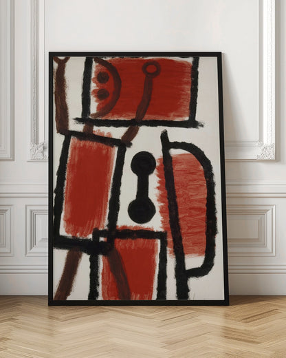 An abstract painting featuring bold, rough black lines that divide a white canvas into sections. Several large sections are filled with a vibrant, textured red paint. In the center is a distinct black dumbbell-like shape. Thinner brown lines cross through the composition, adding another layer to the dynamic, constructivist-style artwork. Print