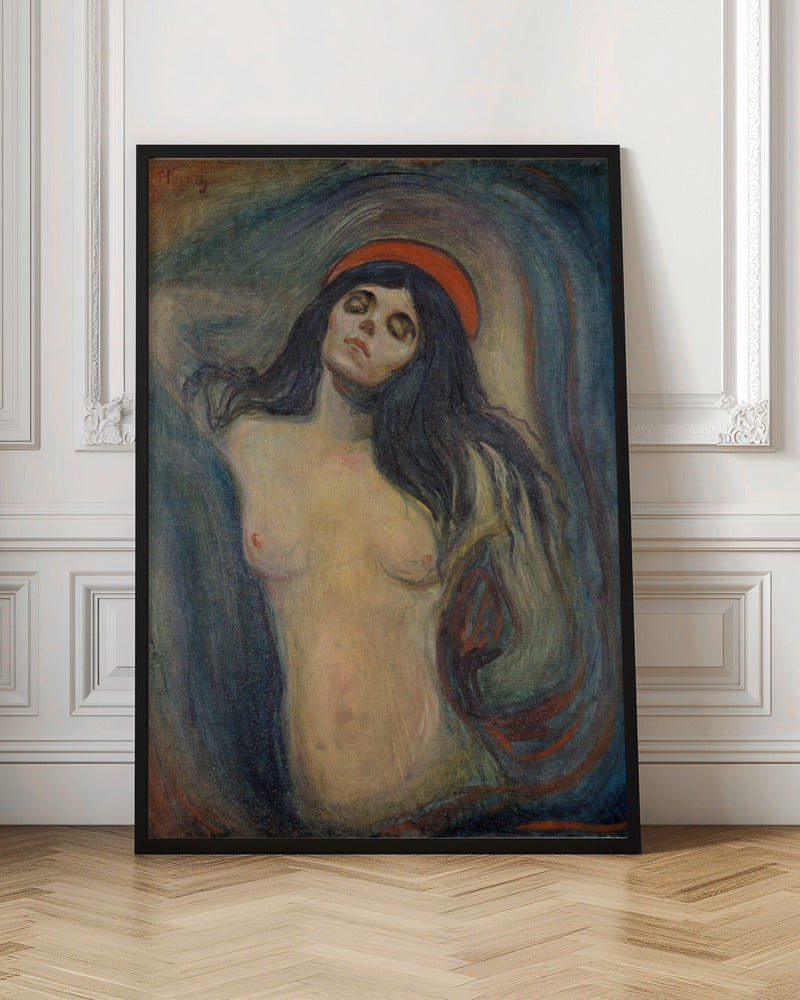 An expressionist painting of a woman, 'Madonna' by Edvard Munch. The woman is shown from the chest up, nude, with long dark hair. Her head is tilted back, eyes closed in a state of ecstasy, and she wears a red halo. The background is a swirling mix of dark blues, purples, and greens. Print