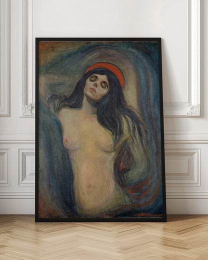 An expressionist painting of a woman, 'Madonna' by Edvard Munch. The woman is shown from the chest up, nude, with long dark hair. Her head is tilted back, eyes closed in a state of ecstasy, and she wears a red halo. The background is a swirling mix of dark blues, purples, and greens. Print