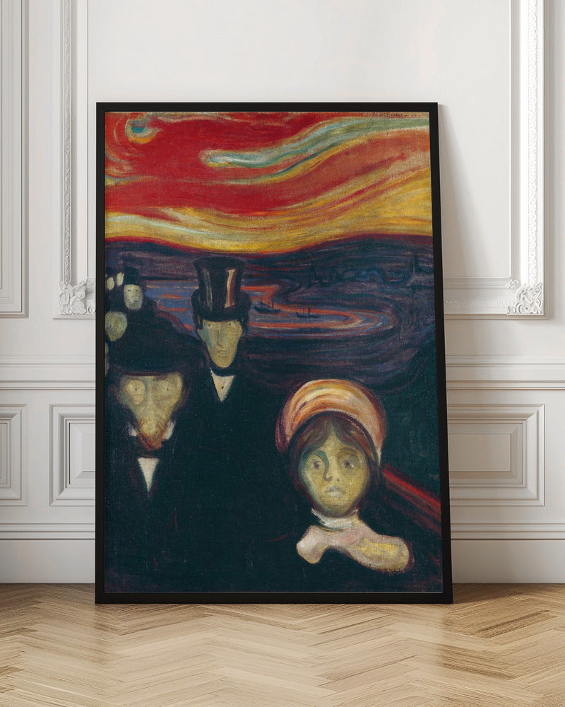 A vertical painting by Edvard Munch titled 'Anxiety,' depicting a crowd of pale, ghostly figures with anxious expressions under a turbulent, fiery red and orange sky. The figures in the foreground are dressed in dark formal wear, creating a stark contrast with the vibrant, unsettling sunset. Print