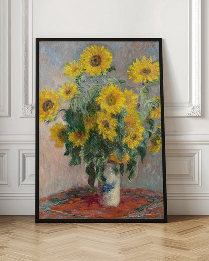 An Impressionist painting by Claude Monet titled 'Bouquet of Sunflowers'. The artwork features a vibrant bouquet of yellow sunflowers in a white and blue patterned vase, set upon a red tablecloth against a muted, textured blue-grey background. The piece is characterized by thick, visible brushstrokes and is displayed in a simple black frame. Poster