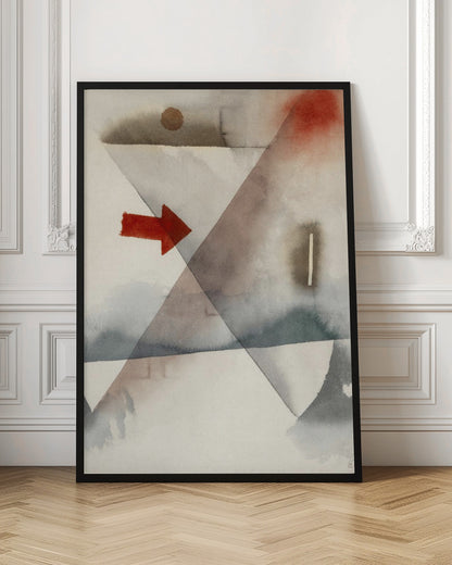 An abstract watercolor painting featuring large, overlapping triangles in muted shades of gray and brown. A vibrant, solid red arrow points to the right, creating a sharp contrast with the soft, washed background. Other subtle elements include a brown circle at the top and a splash of red in the upper right corner. Artwork