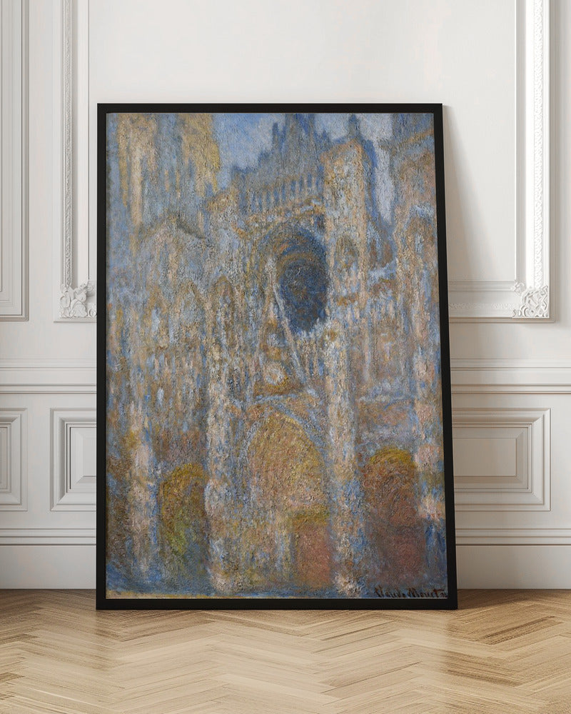 An impressionist painting depicting the facade of a grand cathedral. The artwork is characterized by its textured brushstrokes and a muted color palette of blues, golds, and tans, capturing the interplay of light and shadow on the stone architecture. The painting is set within a simple black frame. Artwork