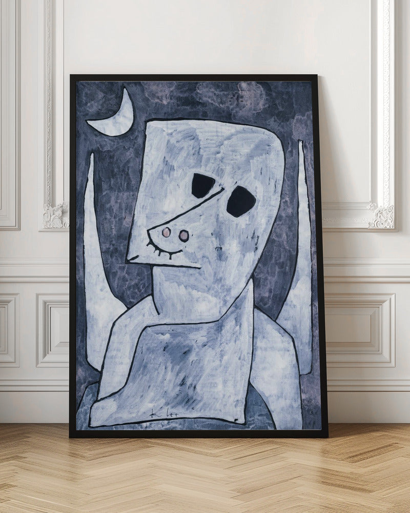 An abstract painting of a stylized, angel-like figure in shades of light blue and white with black outlines. The figure has a large, blocky head with empty black eyes, a triangular nose, and appears to have wings. The background is a dark, mottled blue-grey with a white crescent moon in the upper left corner. Decor