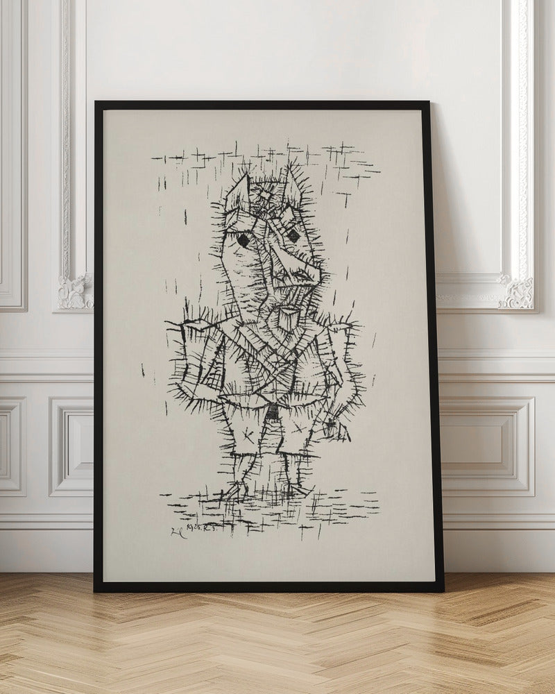 A framed black and white abstract ink drawing by Paul Klee from 1925. The artwork features a stylized, angular figure of a man rendered with short, spiky, and dense black lines, giving it a thorny texture. The figure stands on a similarly textured ground, against a stark, off-white background with a few scattered lines. Artwork