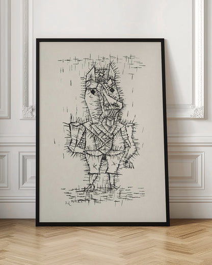 A framed black and white abstract ink drawing by Paul Klee from 1925. The artwork features a stylized, angular figure of a man rendered with short, spiky, and dense black lines, giving it a thorny texture. The figure stands on a similarly textured ground, against a stark, off-white background with a few scattered lines. Artwork