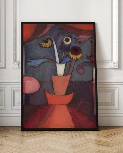 An abstract still life painting of bizarre, whimsical flowers in an orange vase. The flowers are purple, yellow, and blue with surreal, eye-like shapes, set against a moody dark blue background framed by rich red and purple shapes. Print