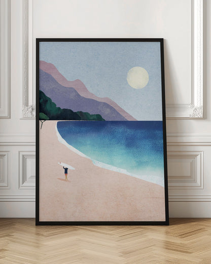 A minimalist illustration of a lone surfer standing on a vast pink sand beach, holding a surfboard above their head. The turquoise and blue ocean waves gently roll onto the shore, with layered purple and pink mountains in the background under a pale yellow sun and a light blue sky. Wall Art