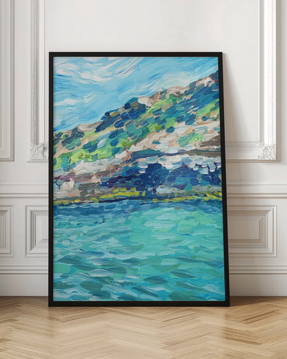 An impressionistic painting of a coastal landscape with thick, textured brushstrokes. The artwork depicts a vibrant turquoise sea in the foreground and a green and brown hillside under a light blue sky, all framed in black. Print