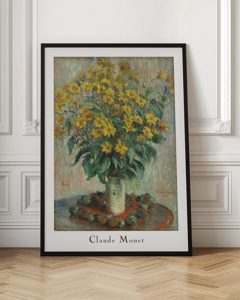 A framed poster of Claude Monet's impressionist painting 'Jerusalem Artichoke Flowers' from 1880. The artwork features a large, overflowing bouquet of bright yellow flowers in a light-colored vase, set upon a reddish-brown table. Artwork