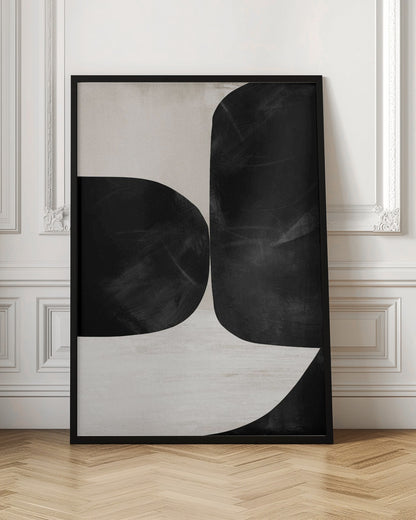 A minimalist abstract painting featuring two large, textured black forms with rounded corners against a light beige background. The forms are placed close together, creating a narrow, curvilinear channel of negative space between them. Print
