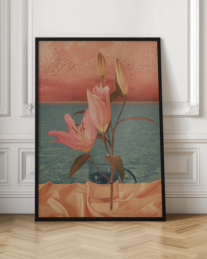 A surrealist artwork depicting pink lilies in a clear glass pitcher set against a backdrop of a calm blue ocean and a dusky pink sunset sky filled with a flock of birds. Artwork
