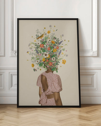 A surrealist collage of a woman seen from behind, wearing a pink dress with an open back. Instead of a head, she has a large, vibrant bouquet of various wildflowers and a small bird perched within the blossoms, all set against a solid beige background and enclosed in a black frame. Poster