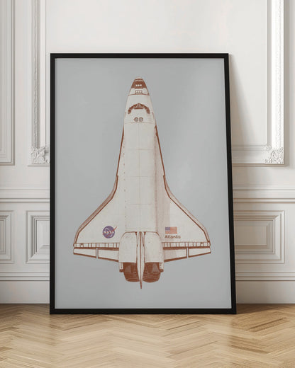 A framed graphic art print of the Space Shuttle Atlantis viewed from above. The illustration has a retro, halftone style with a brown and cream color scheme against a light gray background. The NASA logo, American flag, and the name 'Atlantis' are visible on the spacecraft. Poster