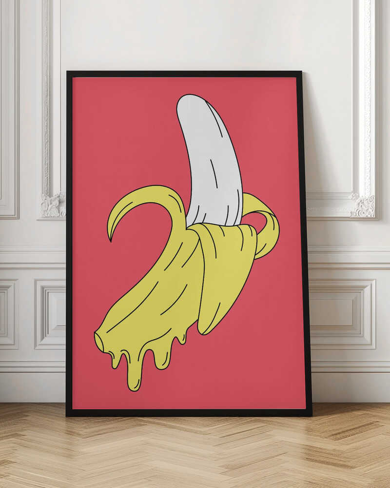 A pop art illustration of a melting, partially peeled banana against a solid pink background. The yellow peel drips down while the white fruit is exposed, all rendered in a bold, graphic style with black outlines. Decor