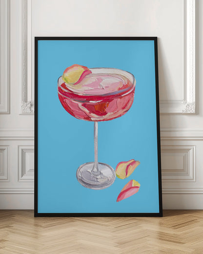 An impasto-style painting of a pink cocktail in a coupe glass against a vibrant blue background. The drink is garnished with a yellow and pink petal, and two more petals rest beside the silver base of the glass. The artwork is characterized by thick, visible brushstrokes. Artwork