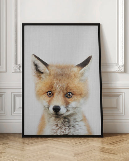 A close-up portrait of a young fox cub looking directly into the camera. The cub has vibrant orange and white fur, large brown eyes, and is set against a simple white textured background, all within a thin black frame. Print