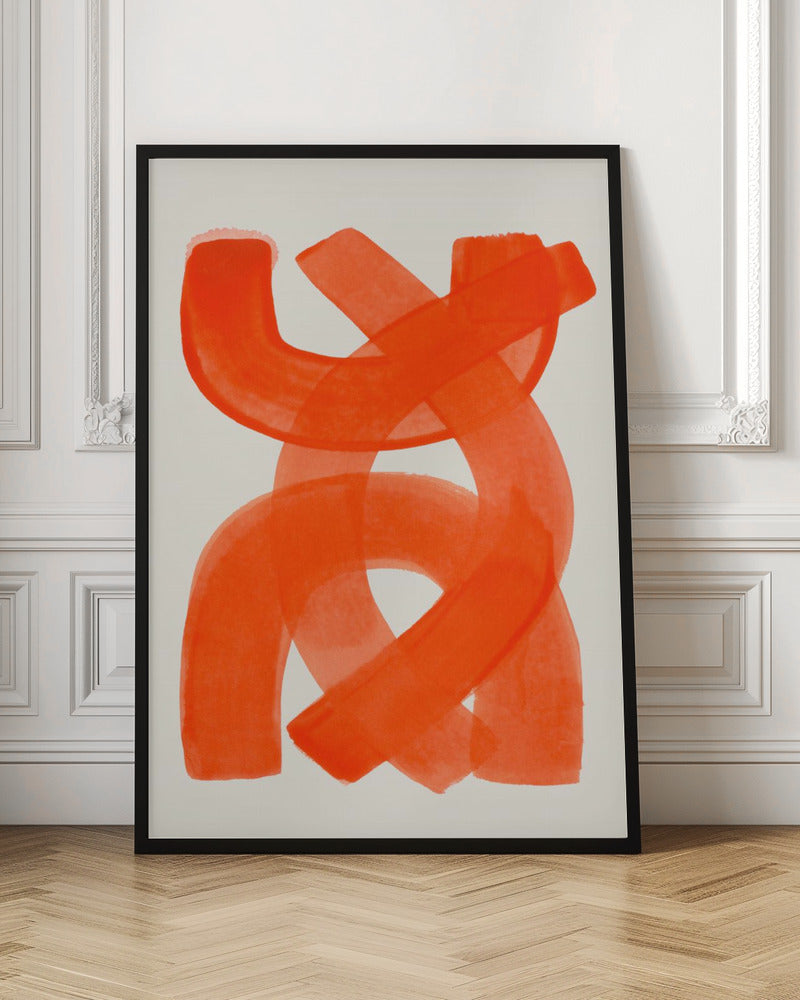 A modern abstract art piece in a thin black frame, featuring broad, vibrant orange brushstrokes that twist and overlap on a cream-colored background. Decor