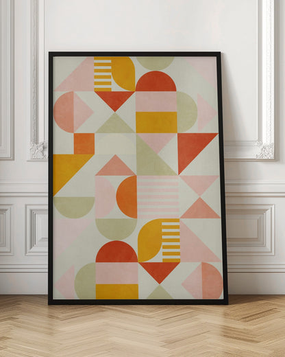 A framed piece of abstract geometric art featuring a grid pattern of shapes in a warm color palette. The design includes triangles, semicircles, and rectangles in shades of orange, yellow, pink, and sage green on a light cream background, creating a modern and playful composition. Poster