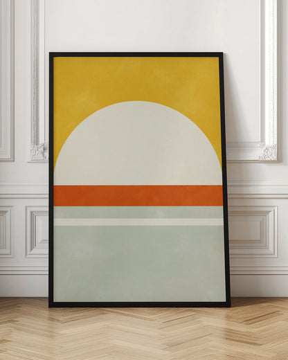 A framed abstract art print featuring geometric shapes. The top third is a solid golden yellow. Below it is a large off-white semicircle. A thick, vibrant orange stripe runs horizontally across the middle, and the bottom section consists of muted blue-grey and a thin off-white stripe, creating a minimalist landscape feel. Decor