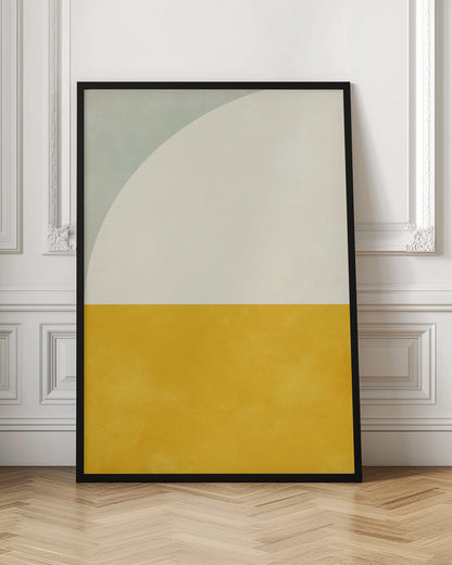 A minimalist abstract art print in a black frame. The design is color-blocked, with the bottom half a solid, textured mustard yellow. The top half is off-white, with a large white arc curving in from the top left corner, which is a pale sage green. Decor