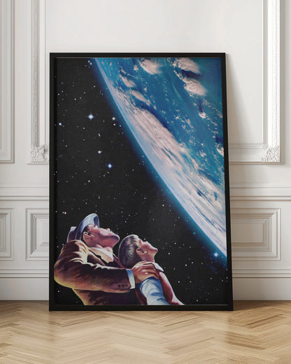 A vintage-style illustration of a father and son in space, looking up in wonder at a large, brightly lit planet Earth against a backdrop of stars. Wall Art