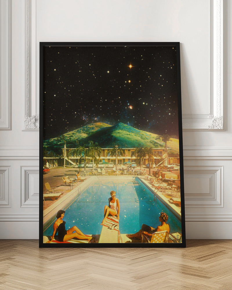 A surreal collage featuring a vintage scene of people lounging by a motel pool, juxtaposed against a backdrop of a massive green mountain and a dark, star-filled night sky. Wall Art