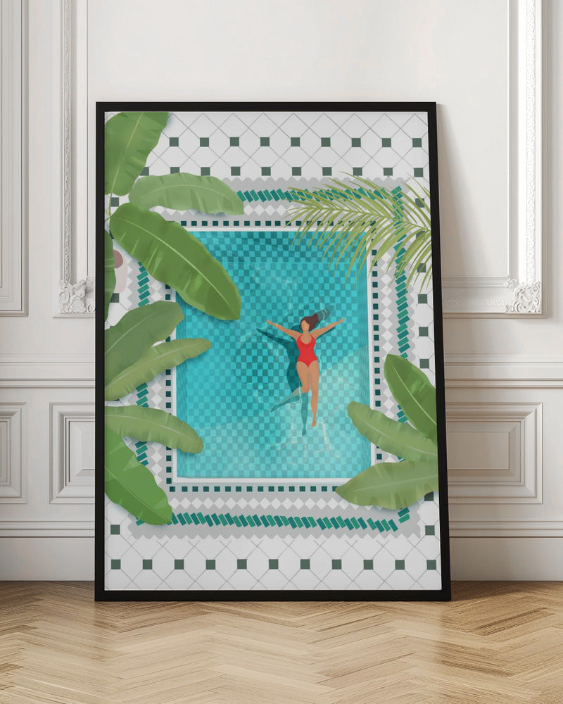 An aerial view illustration of a woman in a red swimsuit floating peacefully on her back in a bright turquoise swimming pool. The pool is surrounded by large green tropical leaves and a white tiled patio, all within a black frame. Wall Art