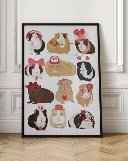 An illustration of twelve cute guinea pigs dressed up for Valentine's Day with accessories like heart-shaped glasses, bows, hats, and roses, arranged on a plain white background. Decor