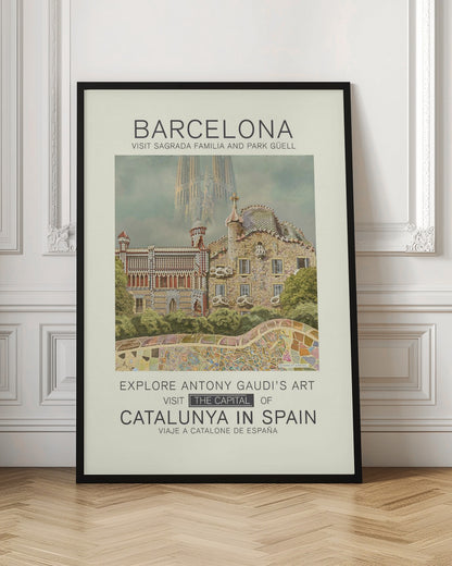 A vintage-style travel poster for Barcelona, featuring the intricate, mosaic-covered architecture of Park Güell in the foreground. In the hazy background, the spires of the Sagrada Familia rise into the sky. Text at the top and bottom invites viewers to visit these Antoni Gaudí landmarks in the capital of Catalunya, Spain. Wall Art