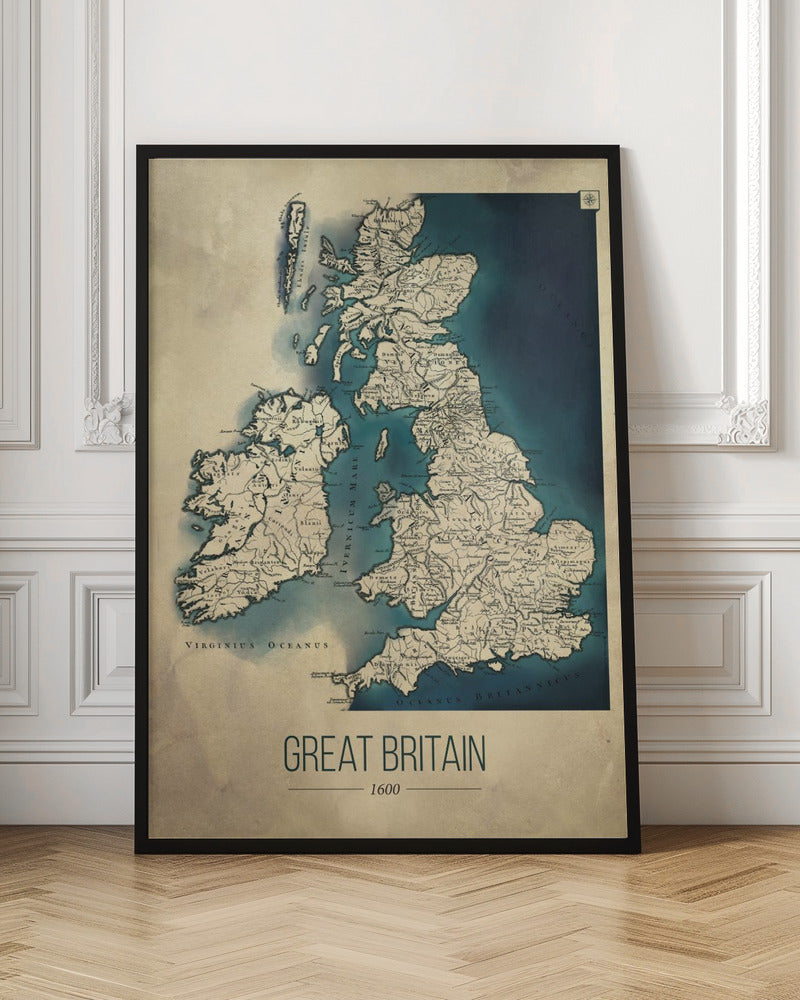 A framed vintage-style poster displaying a historical map of Great Britain and Ireland from the year 1600. The map features beige-colored land with detailed topography against deep blue water, with Latin place names. Below the map, the title 'GREAT BRITAIN 1600' is printed in a modern sans-serif font. Wall Art