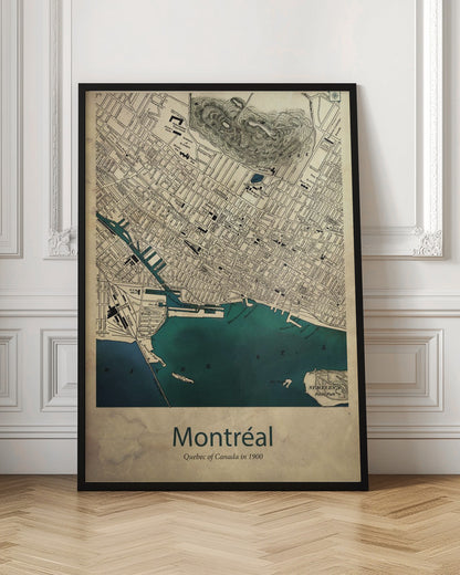 A vintage-style map of Montréal, Quebec from the year 1900, presented in a black frame. The map features a sepia-toned, aged paper texture, with black ink detailing the city's grid layout and landmarks. The St. Lawrence River and port area are highlighted in a deep teal color. At the bottom, the poster is titled 'Montréal' with the subtitle 'Quebec of Canada in 1900'. Artwork