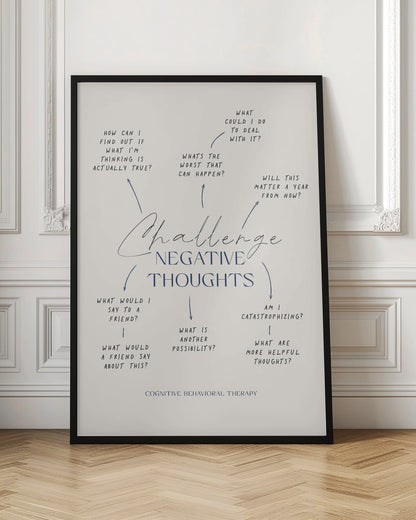 A framed poster about Cognitive Behavioral Therapy on a cream background. The central text reads 'Challenge Negative Thoughts' in elegant blue script and block lettering. Surrounding the title is a mind map with questions like 'What's the worst that can happen?' and 'Am I catastrophizing?' aimed at reframing negative thinking. The bottom of the poster identifies the concept as 'Cognitive Behavioral Therapy'. Decor
