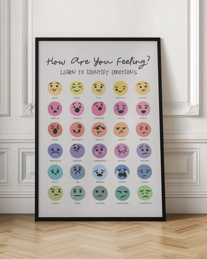 A framed educational poster titled 'How Are You Feeling? Learn to Identify Emotions'. It features 30 colorful circular emojis, each with a unique facial expression corresponding to a specific emotion labeled underneath, such as Happy, Sad, Angry, and Anxious, organized in a grid. Decor