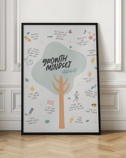 An inspirational poster about having a growth mindset, featuring a central illustration of a tree. The large, light green canopy of the tree has the text 'GROWTH MINDSET statements' in a bold, dark font. Various positive affirmations are scattered around the tree, such as 'Mistakes help me learn', 'I can do hard things', and 'I can't do it... YET!'. Each statement is accompanied by a small, colorful drawing like a book, a lightbulb, or flowers. Wall Art