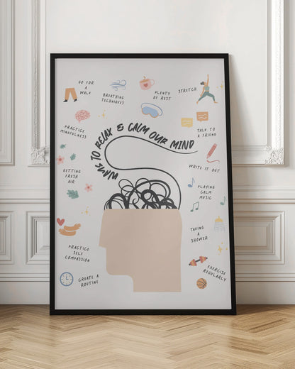 An inspirational poster titled 'Ways to Relax & Calm Our Mind' featuring a silhouette of a head with tangled lines inside. Surrounding the head are small, colorful illustrations with captions for self-care activities like stretching, talking to a friend, exercising, and practicing mindfulness. Artwork